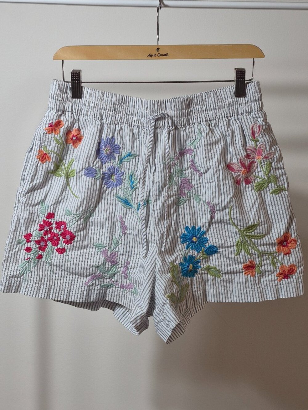 Johnny Was Workshop Shorts Womens S Floral Embroidered Striped Boho Drawstring